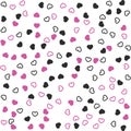 Chaotic pink and black hearts on white background. Seamless vector romantic love valentine pattern.